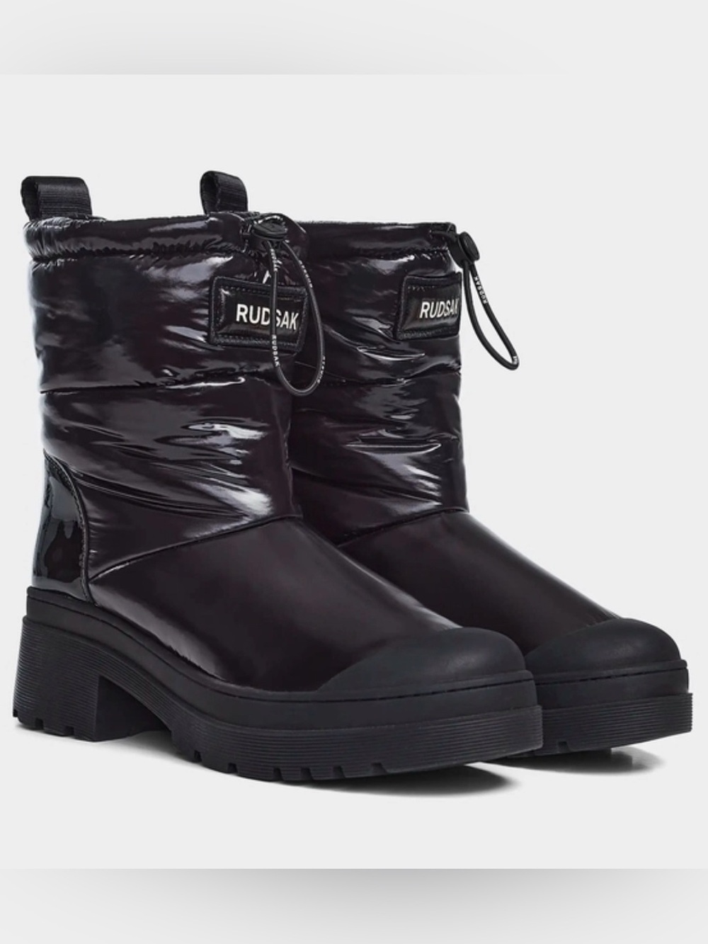NEVER WORN RUDSAK Black Leather Glossy Puffer Fur Lug Sole Ankle Boots Size 38